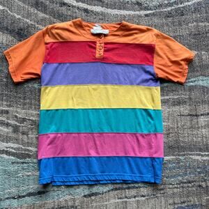 Women's Vintage 90's Nuggets Colorblock Rainbow Henley Short Sleeve Shirt Sz L